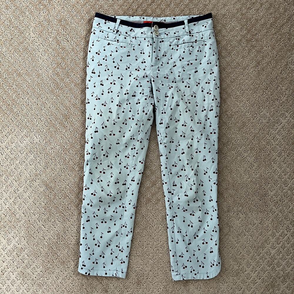 Anthro Cartonnier Charlie Cherry Print Cropped Pants Blue Size 6